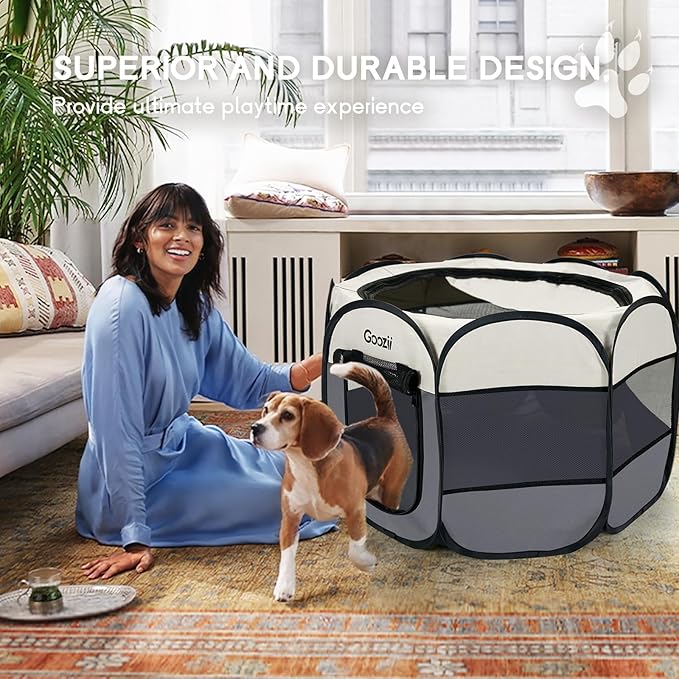 Pet Cat Playpen for Indoor Cats Enclosed, Puppy Dog Play Pen for Outdoor Travel Camping (Large Size, Beige & Dark Grey)