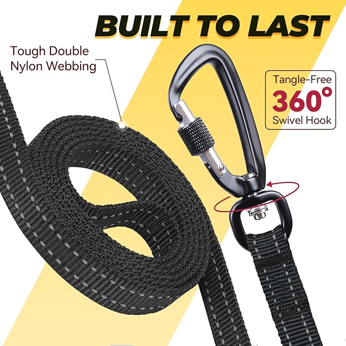 VIVAGLORY Dog Leash Lighthook Double Handle Dog Leash with Traffic Handle & Locking Carabiner for Walking & Training, Traffic Control Lightweight Carabiner for Puppy Pet, 4ft x 1/2in, Black