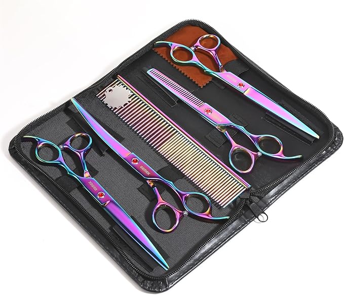 7.0in Titanium Rainbow Professional Pet Grooming Scissors Set, GEMEK 6 in 1 Straight & Thinning & Upwards Curved & Downwards Curved Scissors & Comb for Dogs, Cats (Rainbow)