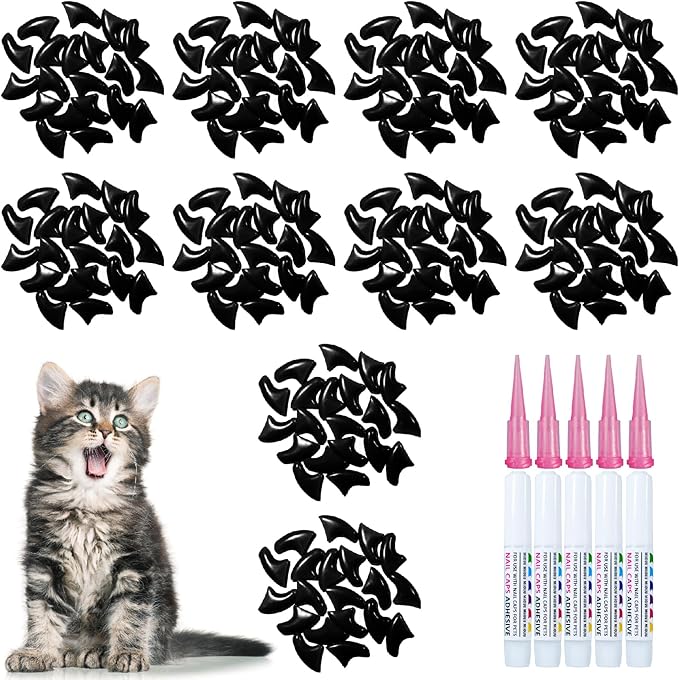100 pcs Cat Nail Caps | Cat Claw Covers with Adhesives and Applicators | Black (S)