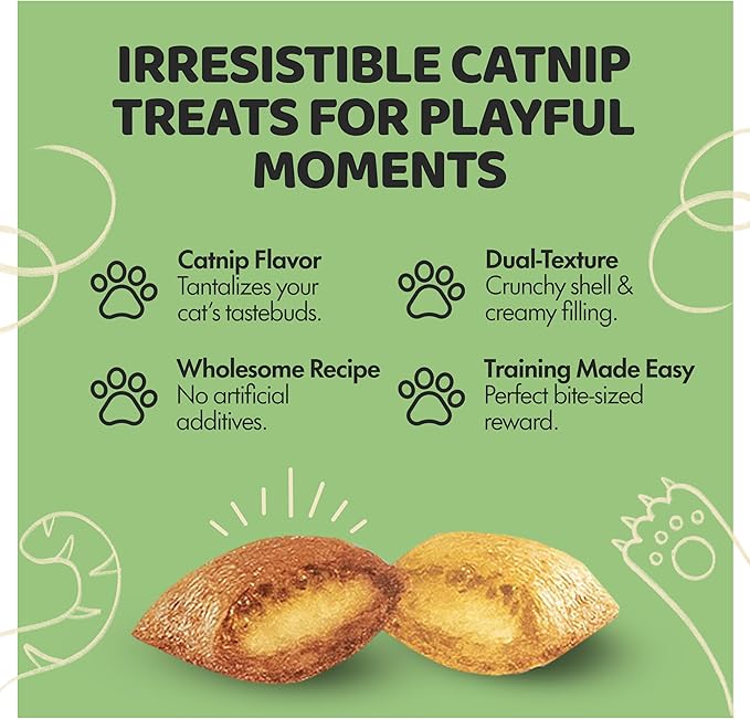 Crunchy Cat Treats – Dual‐Texture Crunch & Creamy Soft Feline Snack Bites for All Life Stages, Great for Training Treat Value Bags (1 Pound, Catnip)