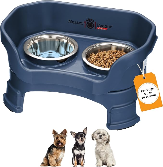 Neater Feeder Deluxe Mess Proof Dog Bowls Elevated for Small Breeds – Made in USA – No Spill Raised Dog Food Bowl Stand w/Leg Extensions – Stainless Steel Food and Water Bowl Set – Dark Blue