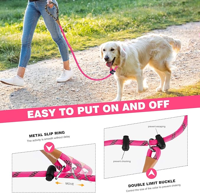 lynxking Slip Lead Dog Leash Reflective, Heavy Duty Comfortable Strong Rope Leash for Large, Medium Small Dogs No Pull Pet Training (Pink, Large 1/2in x 6ft-Slip Lead)