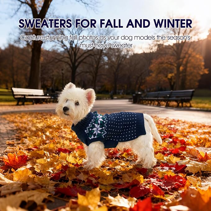 FUAMEY Dog Christamas Sweater, Warm Dog Sweater Classic Snowflake New Year Turtleneck Sweaters Knitwear Cold Weather Dogs Pullover for Small Medium Dogs Puppies & Cats Bulldogs Corgi with Leash Hole