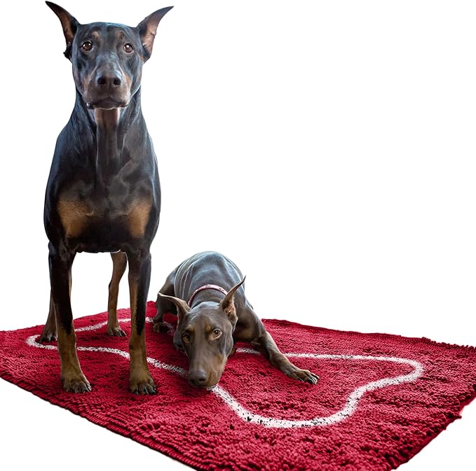 Soggy Doggy Doormat with Bone Design - Ultra Absorbent Microfiber Chenille Wet Dog Mat for Muddy Paws - Non-Slip and Machine Washable (Cranberry/Oatmeal Bone, Extra-Large 36” x 60”)