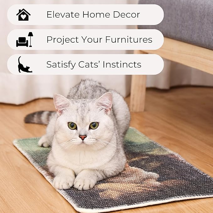 Sisal Cat Scratcher Mat (Use on Wall, Couch and Carpet), Durable and Shedding-Resistant Cat Scratching Surface - 21.7x13 inch with Adhesive Pads and Twist Pins (Monalisa and The Cat)