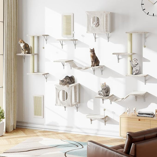 10-in-1 Cat Wall Shelves, Wall Mounted Cat Climber Set with Kitten House, Bridge, Steps, Scratcher, DIY Playground for Indoor Kitten Furniture Set, Beige