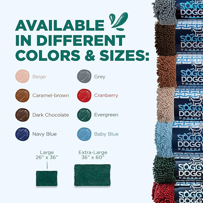 Soggy Doggy Doormat Plain Solid Color Design - Ultra Absorbent Microfiber Chenille Wet Dog Mat for Muddy Paws - Non-Slip and Machine Washable (Evergreen, Extra-Large 36” x 60”)