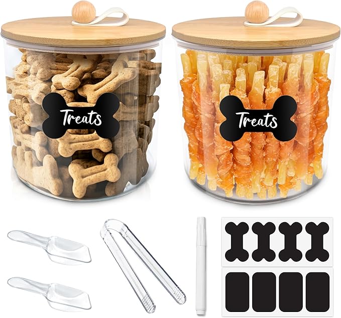 2 Pack Airtight Dog Food Storage Container, Dog Treat Container Dog Food Container with bamboo Lids 6x5'',Pet Food Storage Container,Cat Food Container with Scoops,Clamp,Labels,Pen
