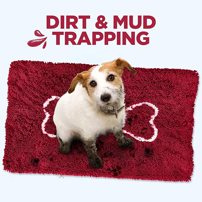 Soggy Doggy Doormat with Bone Design - Ultra Absorbent Microfiber Chenille Wet Dog Mat for Muddy Paws - Non-Slip and Machine Washable (Cranberry/Oatmeal Bone, Extra-Large 36” x 60”)