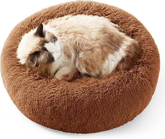 Bedsure Calming Cat Beds for Indoor Cats - Small Cat Bed Washable 20 inches, Anti-Slip Round Fluffy Plush Faux Fur Pet Bed, Fits up to 15 lbs Pets, Copper