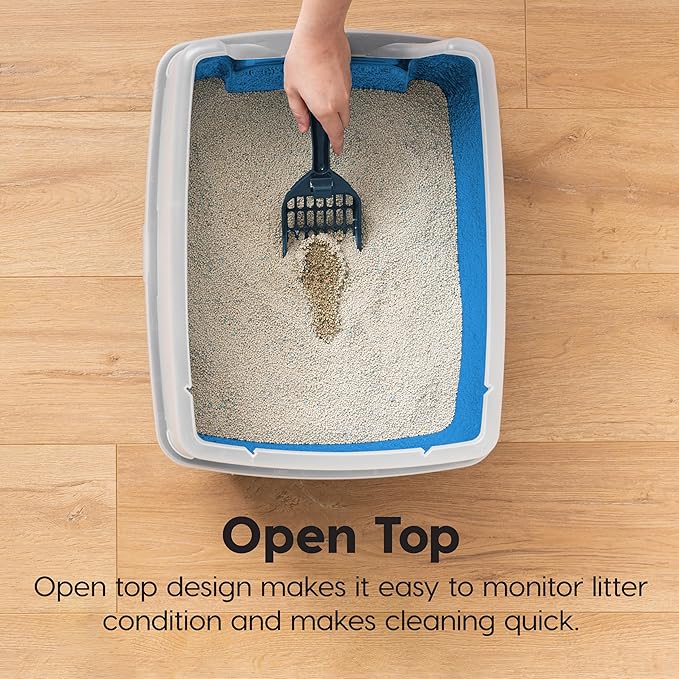 IRIS USA Large Cat Litter Box with Scatter Shield and Scoop, Open Top High Sided Cat Litter Pan, Blue