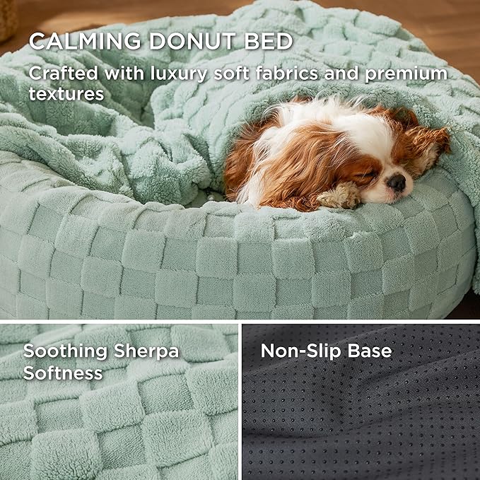 Bedsure Cat Beds for Indoor Cats - Donut Dog Beds for Small Dogs Puppy Kitten with Anti Slip Bottom, Round Sherpa Pet Beds with Washable Removable Cover, Garden Green, 20x20x6 inches