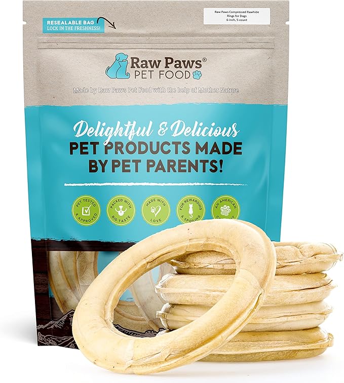 Raw Paws Compressed Rawhide Rings for Dogs, 6-inch, 5-Count - Packed in The USA - Rawhide Rings - Digestible Rawhide Donuts - Natural Hide Dogs Chews - Natural Puppy Teething Rings