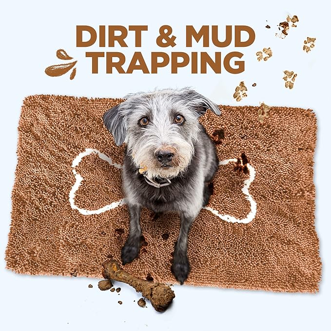 Soggy Doggy Doormat with Bone Design - Ultra Absorbent Microfiber Chenille Wet Dog Mat for Muddy Paws - Non-Slip and Machine Washable (Caramel Brown/Oatmeal Bone, Extra-Large 36” x 60”)