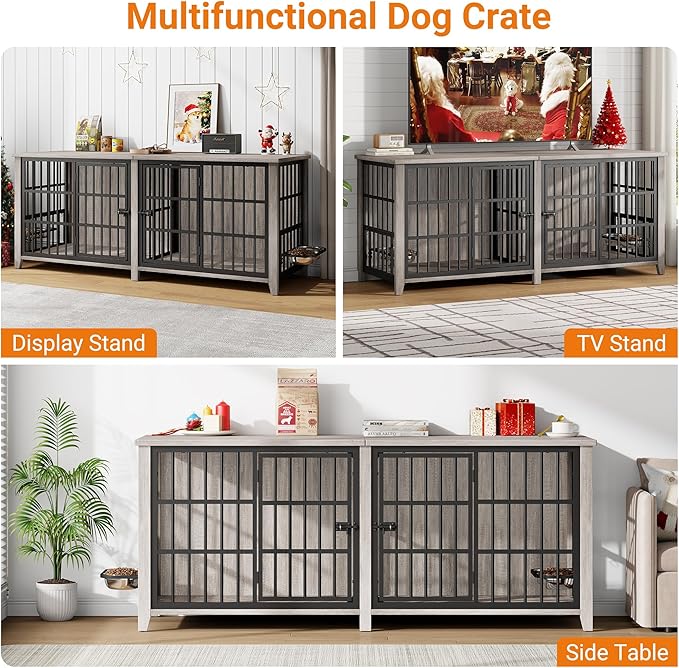 Lulive 78" Dog Crate Furniture for 1 Large or 2 Small/Medium, Extra Large Dog Kennel Indoor with Removable Divider & Adjustable Height Dog Bowls, Heavy Duty Wooden Double Dog Cage as TV Stand, Grey