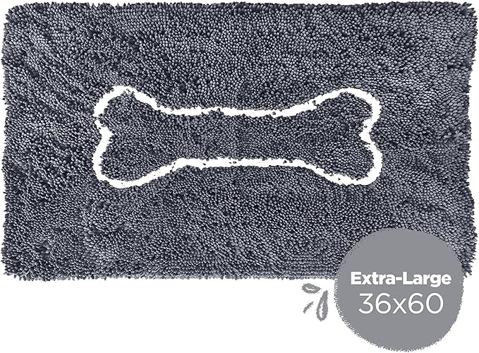 Soggy Doggy Doormat with Bone Design - Ultra Absorbent Microfiber Chenille Wet Dog Mat for Muddy Paws - Non-Slip and Machine Washable (Gray/Light Gray Bone, Extra-Large 36” x 60")
