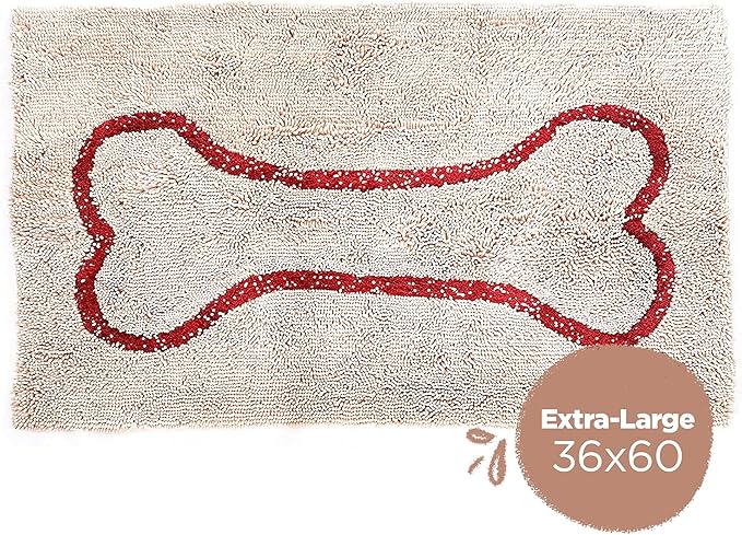 Soggy Doggy Doormat with Bone Design - Ultra Absorbent Microfiber Chenille Wet Dog Mat for Muddy Paws - Non-Slip and Machine Washable (Beige/Red Bone, Extra-Large 36” x 60”)