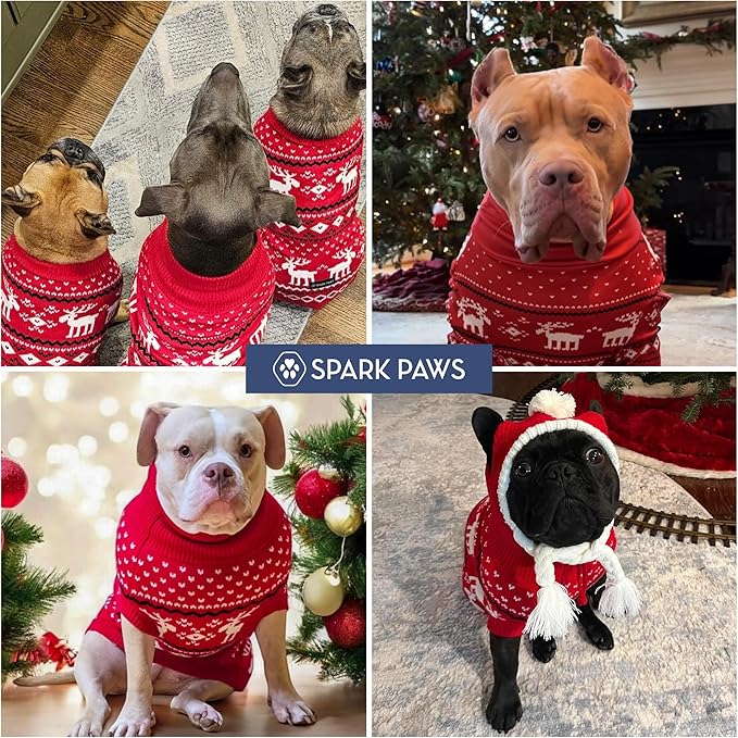 Spark Paws Christmas Dog Sweater – Ultra Soft Holiday Knit Sweater for Small, Medium & Large Dogs, Cute Pet Sweater for French Bulldogs & Big Dogs, Easy Potty V Cut Design Jacket - (Dasher Red,4XL)