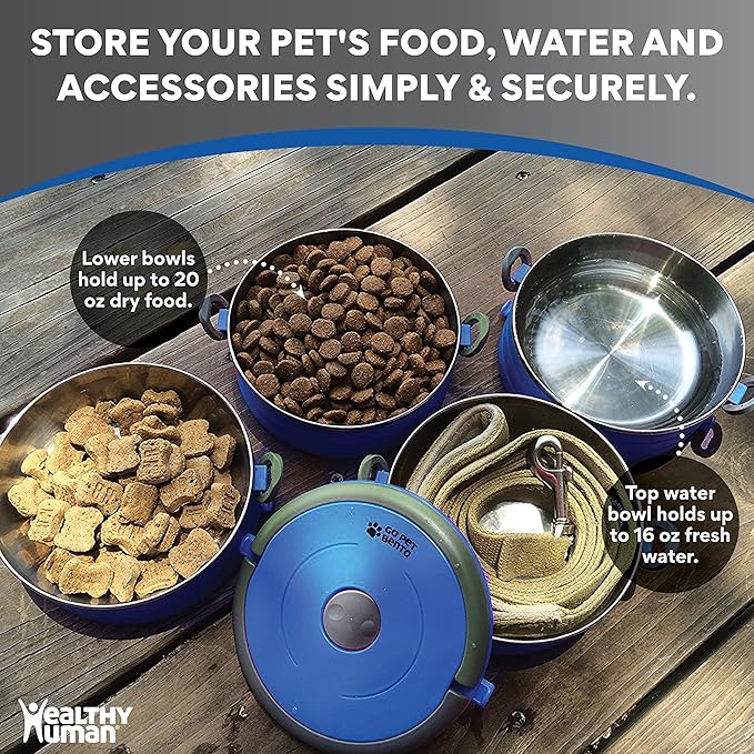 Healthy Human Travel Pet Bento Bowls - Human-Grade Stainless Steel & BPA-Free, Leak-Proof Water & Food Container Set for Dogs & Cats, 4-Pack Interlocking Bowls, Includes Spare Clips & Handle (Blue)