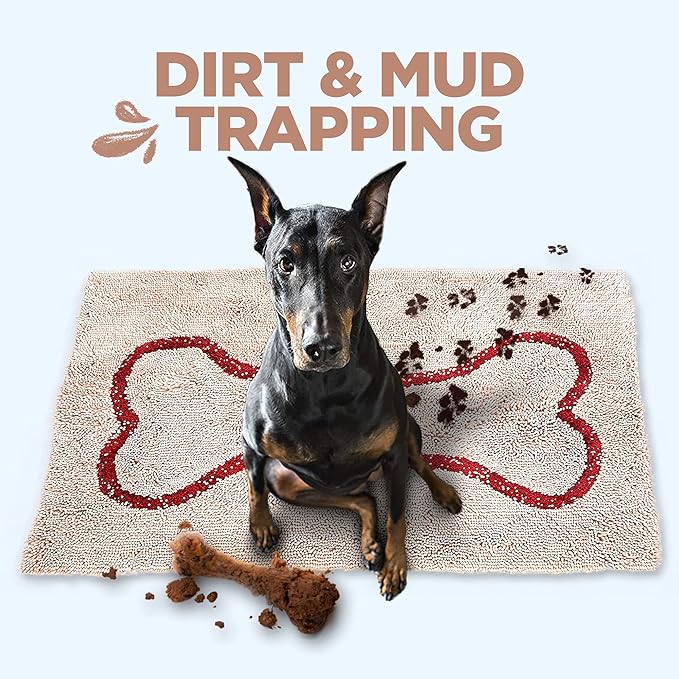 Soggy Doggy Doormat with Bone Design - Ultra Absorbent Microfiber Chenille Wet Dog Mat for Muddy Paws - Non-Slip and Machine Washable (Beige/Red Bone, Extra-Large 36” x 60”)