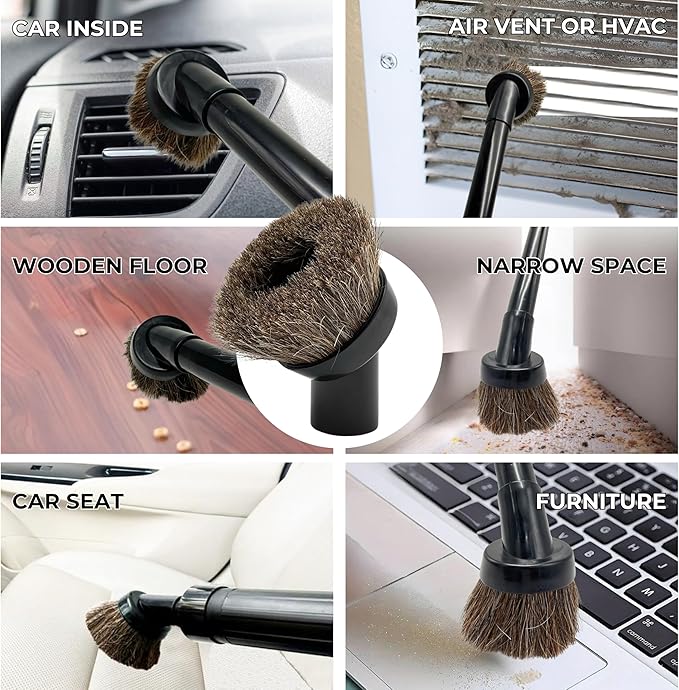 1-1/4'' Vacuum Brush Attachment for Shop Vac Accessories with 2 1/2" to 1 1/4" Adapter : Premium Soft Horsehair Round Dust Brush for Vacuuming Sofas, Furniture Surface and Baseboards