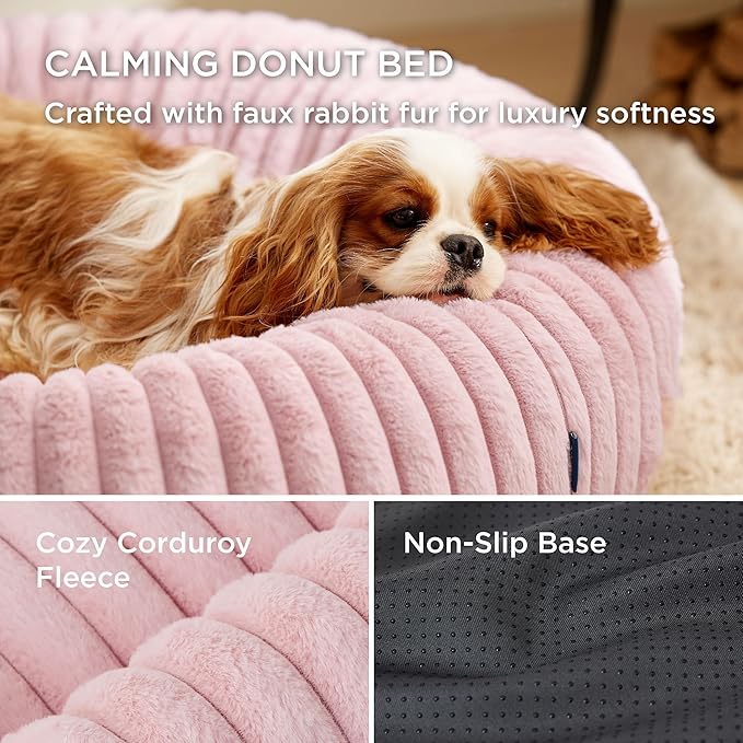 Bedsure Cat beds for Indoor Cats - Donut Dog Beds for Small Dogs with Corduroy Fleece & Anti Slip Bottom, Faux Fur Pet Beds with Washable Removable Cover, Blush Pink, 20x20x6 inches