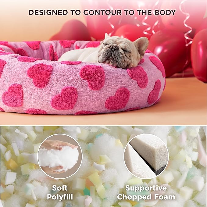 LE SURE Donut Medium Dog Bed - Round Cat Beds Indoor Calming Gift for Pets, Washable Cute Modern Beds with Jacquard Shaggy Plush & Anti Slip Bottom, 30 Inch, Heart Pink
