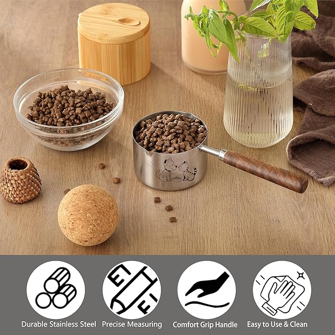 1 Cup Dog Cat Food Scoop, OHOLA Stainless Steel Dog Food Measuring Cup, Precision Scale Measurements (Stylish Pattern)