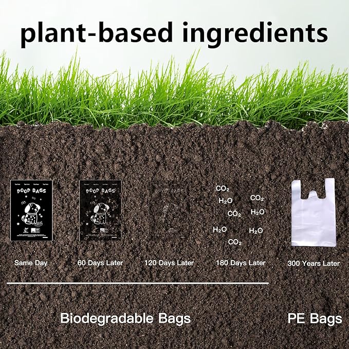 100% plant-based Dog Poop Bags Rolls, ASTM D6400 & EN 13432 Compliant, 450 Poop Bags including dispenser, 13 in × 9 in black poop bags for dogs, Super thick 100% leak proof