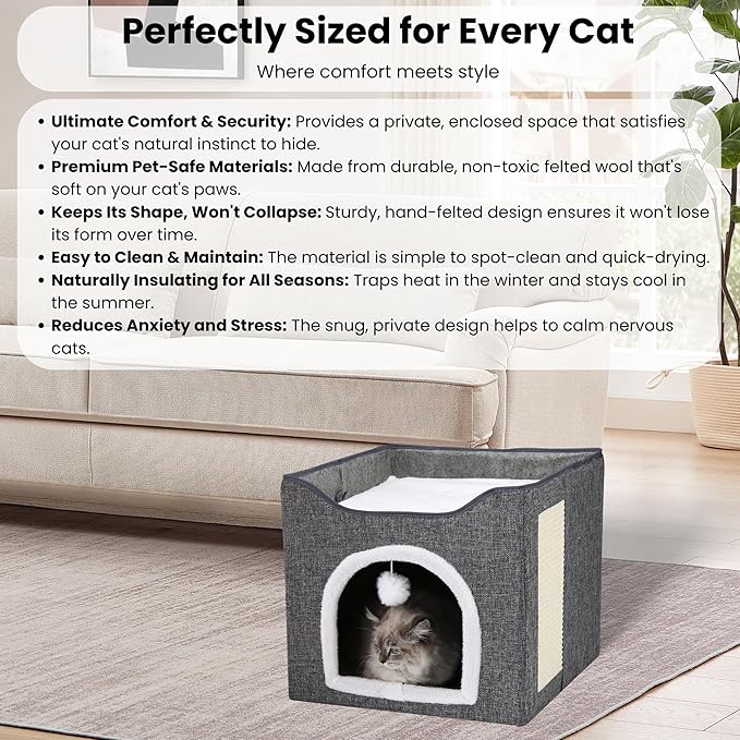 Cat Cave Bed for Indoor Cats – Cozy Felt Cat House, Warm & Soft Pet Cave for Kittens, Small Cats, Rabbits & Puppies – All-Season Cat Hideaway with Spacious Interior & Modern Design