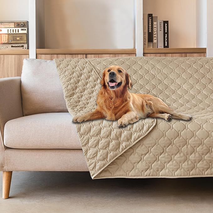 gogobunny 3X Stronger Waterproof Pet Blanket, Scratch Proof Furniture Protector for Dogs Cats, Reversible Cover 82x120 Inch, Dark Beige