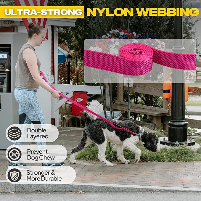 Fida 10ft Heavy Duty Dog Leash with 2 Comfortable Padded Handles, Traffic Handle & Advanced Easy Snap Hook, Reflective Walking Lead for Large, Medium & Small Breed Dogs, Rose