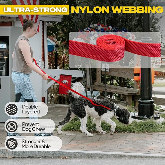 Fida 10ft Heavy Duty Dog Leash with 2 Comfortable Padded Handles, Traffic Handle & Advanced Easy Snap Hook, Reflective Walking Lead for Large, Medium & Small Breed Dogs, Red