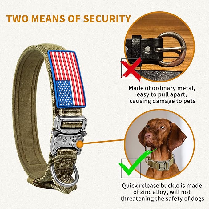 Tactical Dog Collar & Leash Set, Military Dog Collar, Adjustable Nylon, Heavy Duty Metal Buckle, with Handle for Dog Training, Airtags Case, Patches (Brown, M)