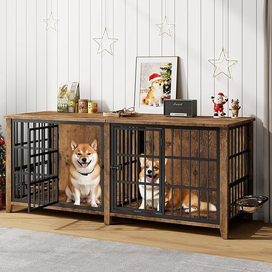 Lulive 78" Dog Crate Furniture for 1 Large or 2 Small/Medium, Extra Large Dog Kennel Indoor with Removable Divider & Adjustable Height Dog Bowls, Heavy Duty Wooden Double Dog Cage as TV Stand, Brown