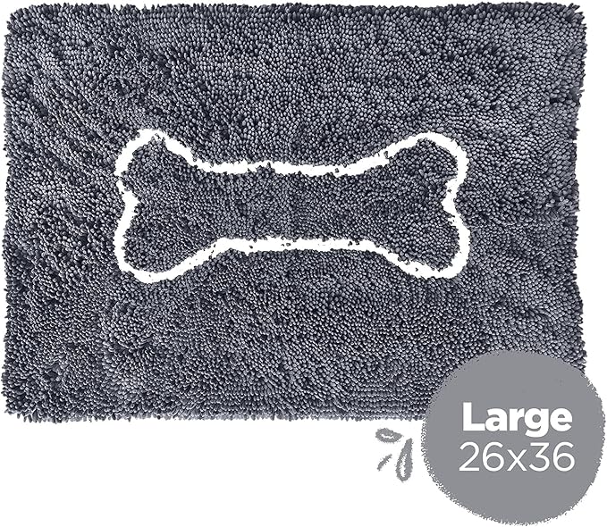 Soggy Doggy Doormat with Bone Design - Ultra Absorbent Microfiber Chenille Wet Dog Mat for Muddy Paws - Non-Slip and Machine Washable (Gray/Light Gray Bone, Large 26” x 36”)