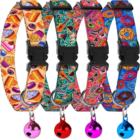 4PCS Breakaway Cat Collars with Bell - Cute Soft Adjustable Safety Kitten Collars 4-Pack - Nylon Pet Collars Nature Tribal Striped Floral Space Aztec Flowers Print (Travel & Cookies)
