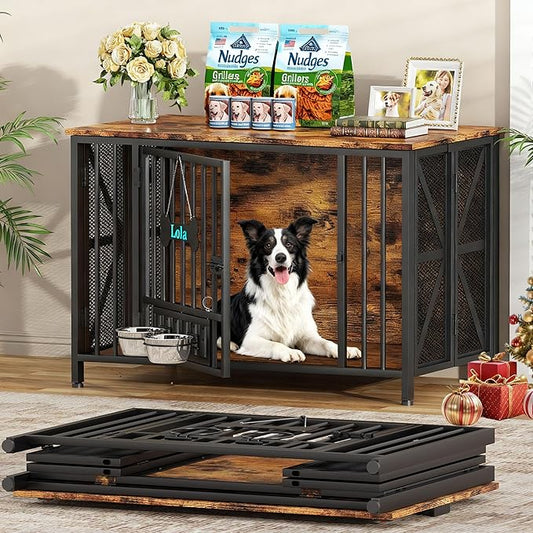 Easycom Foldable Large Dog Crate Furniture, 41.3" Assembly-Free Dog Crates for Large Dogs, Decorative Wooden Dog Kennel Indoor with Tag & Dog Bowls, Dog Cage Use as TV Stand, Rustic Brown