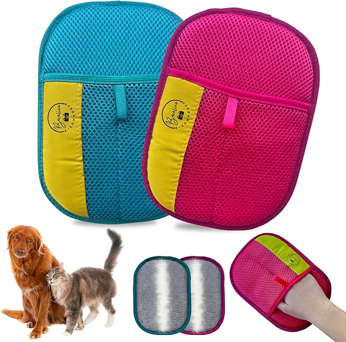 Electrostatic Hair Removal Gloves - Pet Hair Removal Mitt for Cats & Dogs, Reusable Dog Fur Remover & Cat Grooming Gloves, Double Color Bundle (Fuchsia & Turquoise, 2 Pcs)