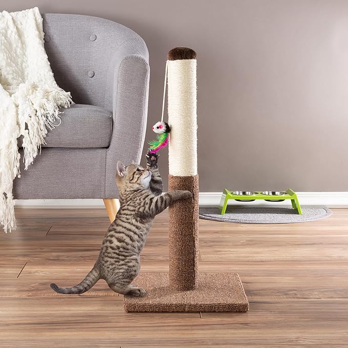 PETMAKER Cat Scratching Post - Tall Scratcher for Cats and Kittens with Sisal Rope and Carpet, Hanging Mouse Toy for Interactive Play (24.5 Inch)