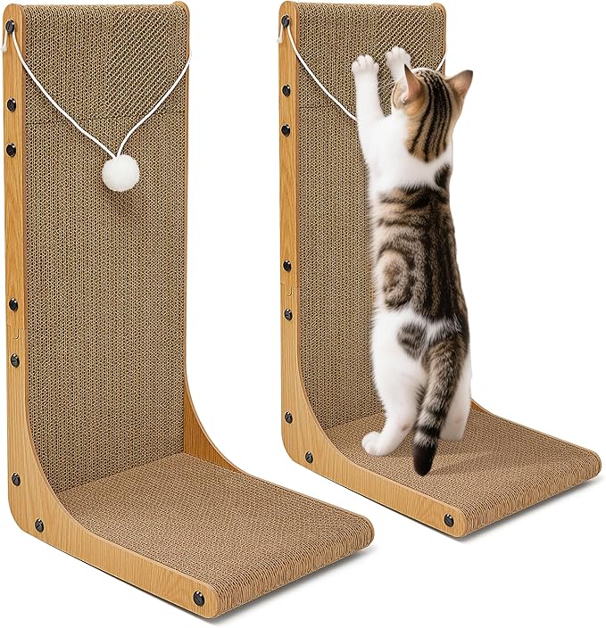 Value 2-Pack 23.6 Inch L-Shaped Cardboard Cat Scratcher, Dual Use (Vert/Horiz) Scratch Pad with Toy Balls, Wall-Mountable Furniture Protector Cat Scratchers for Indoor Cats, Couch & Wall