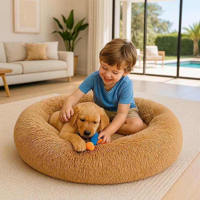 Calming Dog Bed - Fluffy Donut Cuddler for Anxiety Relief, Orthopedic Pet Bed with Non-Slip Bottom, Cozy Round Faux Fur Nest for Dogs and Cats, Plush Crate Mat for Comfort (Camel, Medium)