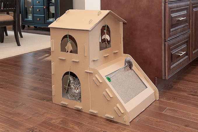 Furhaven Multi-Level Cardboard Cat House w/ Catnip for Indoor Cats, Ft. Scratching Pads & Toys - Townhouse Corrugated Cat Scratcher Hideout - Cardboard Brown, One Size