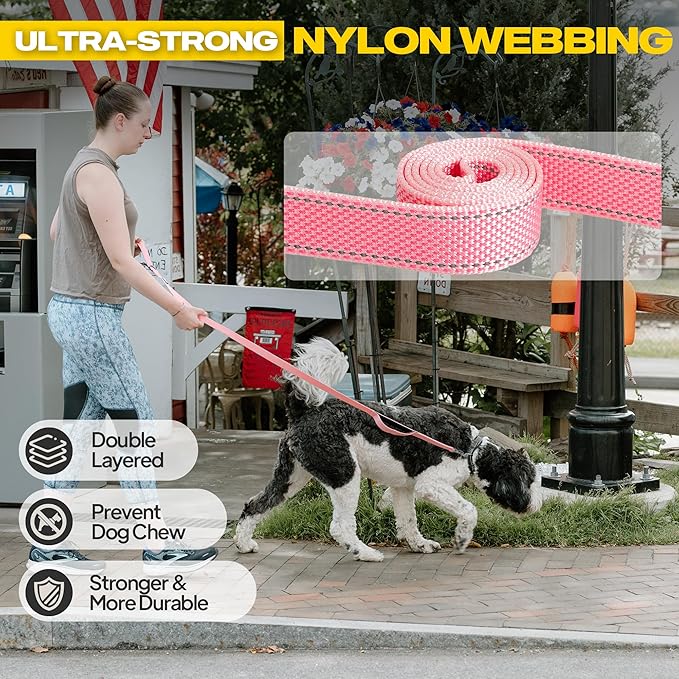 Fida 10ft Heavy Duty Dog Leash with 2 Comfortable Padded Handles, Traffic Handle & Advanced Easy Snap Hook, Reflective Walking Lead for Large, Medium & Small Breed Dogs, Pink