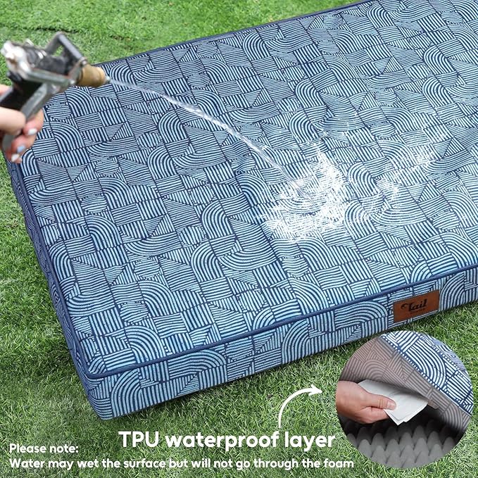 Outdoor Orthopedic Dog Bed, Waterproof Dog Bed for Large Dogs 36x27 Inch, Egg Crate Foam Pet Mat with Washable Removable Oxford Cooling Cover, White Blue