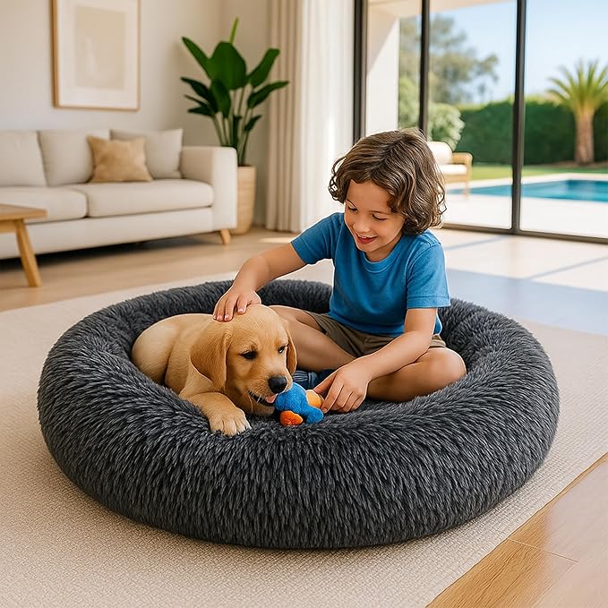 Calming Dog Bed - Fluffy Donut Cuddler for Anxiety Relief, Orthopedic Pet Bed with Non-Slip Bottom, Cozy Round Faux Fur Nest for Dogs and Cats, Plush Crate Mat for Comfort (Dark Grey, X-Large)