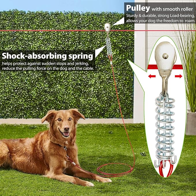 Dog Tie Out Runner with Heavy Duty Aerial Trolley System for Small to Large Dogs - 100ft Run Cable Zipline with 10ft Cable Great for Yard Camping Outdoor