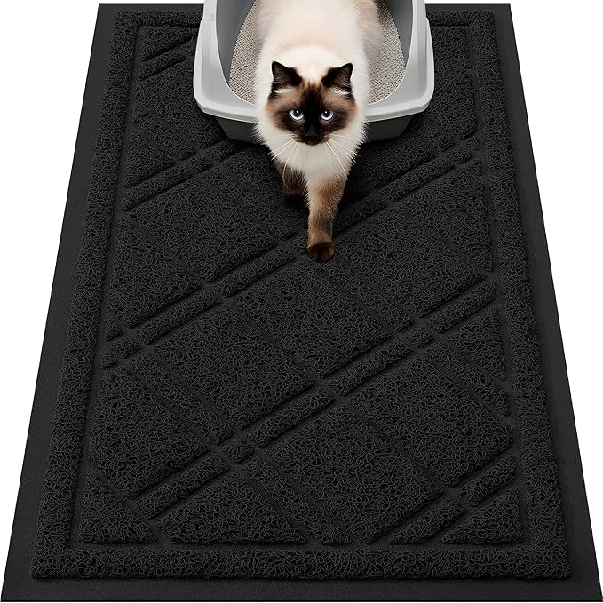 Smiry Cat Litter Box Mat 30x17, Non-Slip Water Resistant Litter Trapping Mat, Easy Clean Less Waste and Urine-Locking Cat Carpet for Indoor, Black